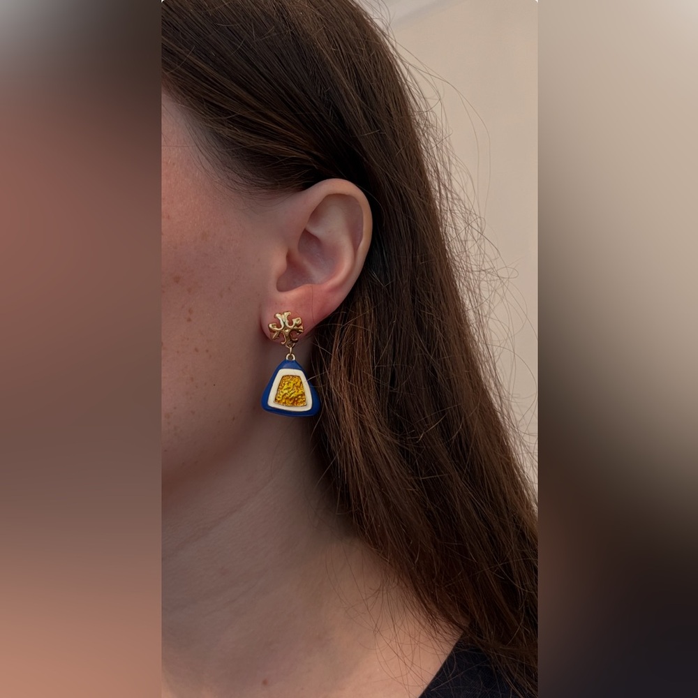 Tory Burch Blue and Gold Geometric Earrings - Picture 2 of 2